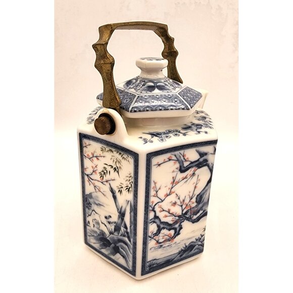 VTG Asian Dolphin China Teapot and Cups Set, Dynasty Blue & White Brass Handle - Picture 10 of 15